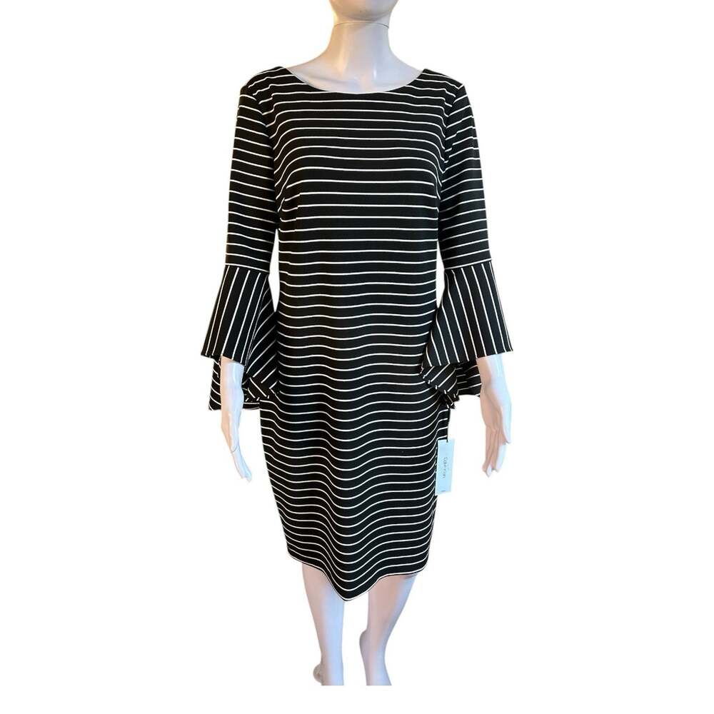 Calvin Klein Dress Womens 12 Black White Striped Sheath Tiered Bell Sleeve NWT